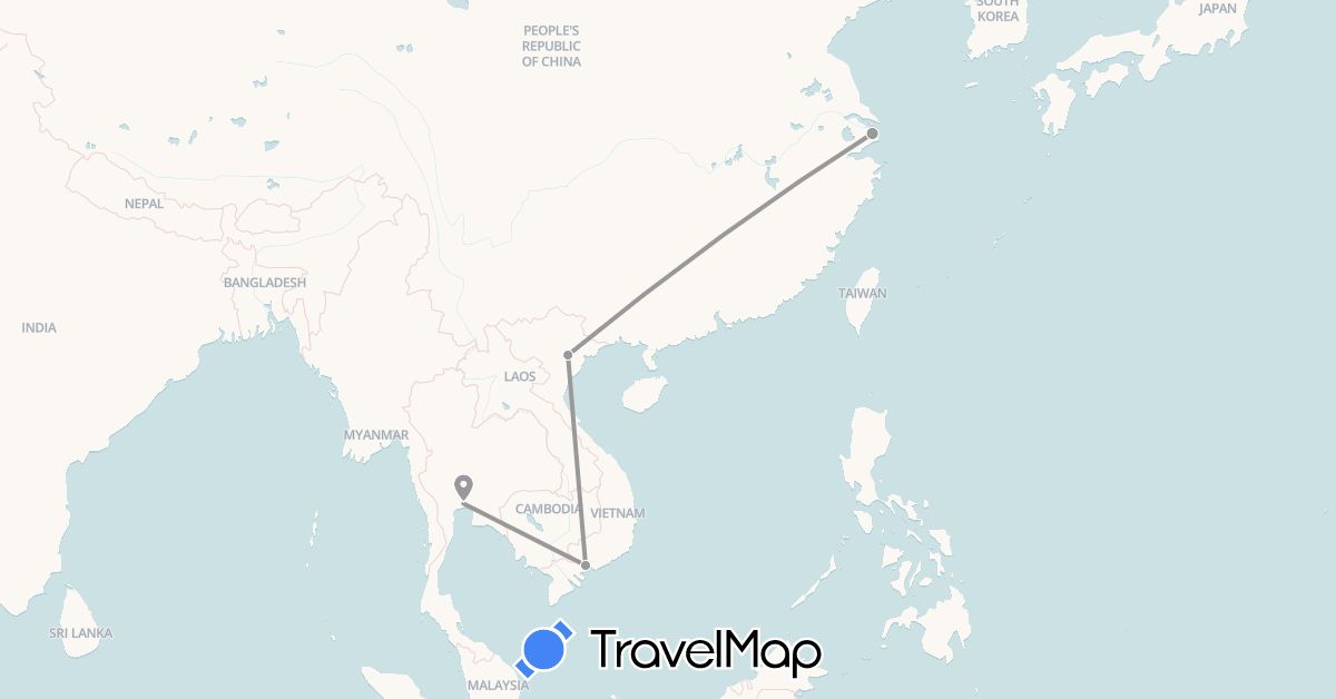 TravelMap itinerary: driving, plane in China, Thailand, Vietnam (Asia)