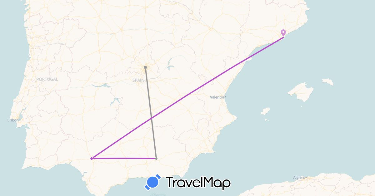 TravelMap itinerary: driving, plane, train in Spain (Europe)